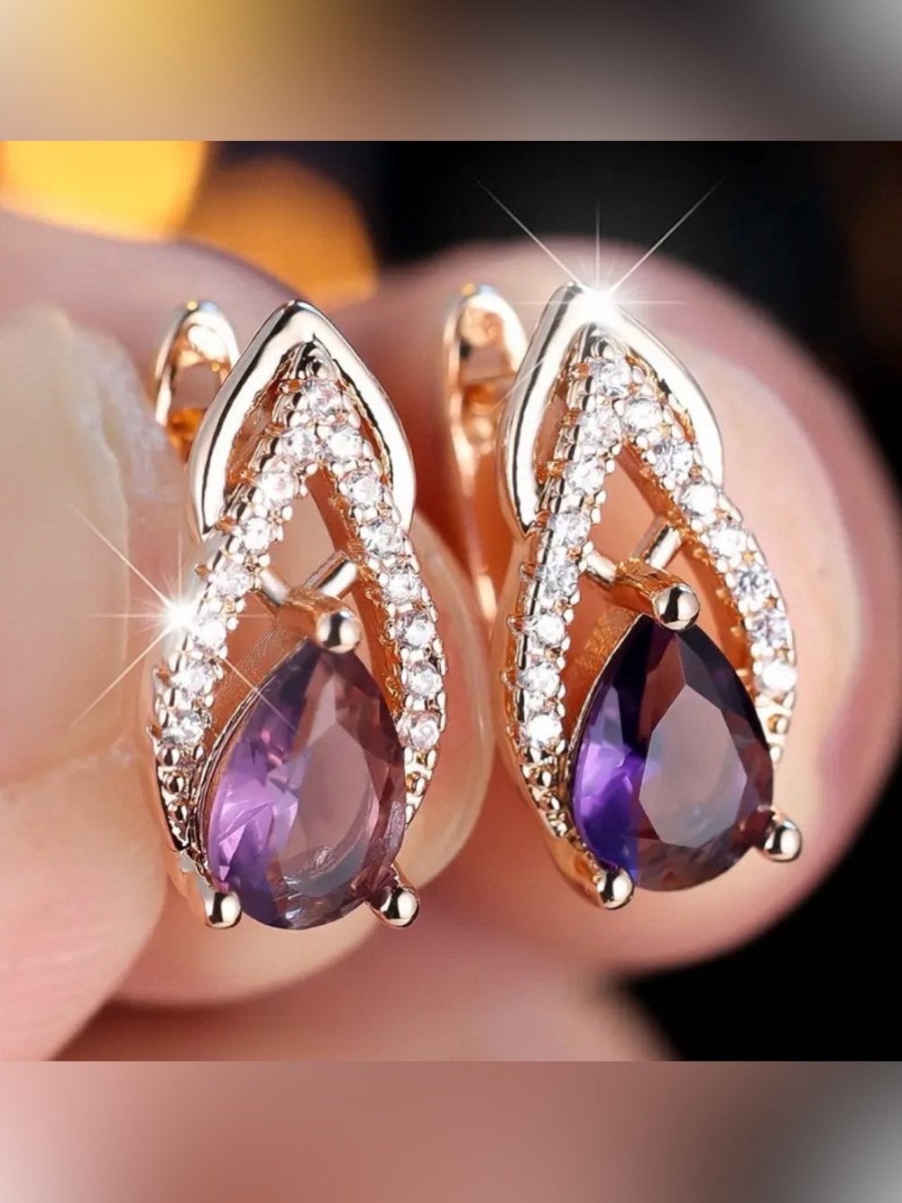 Elegant Purple & Gold Teardrop Earrings.